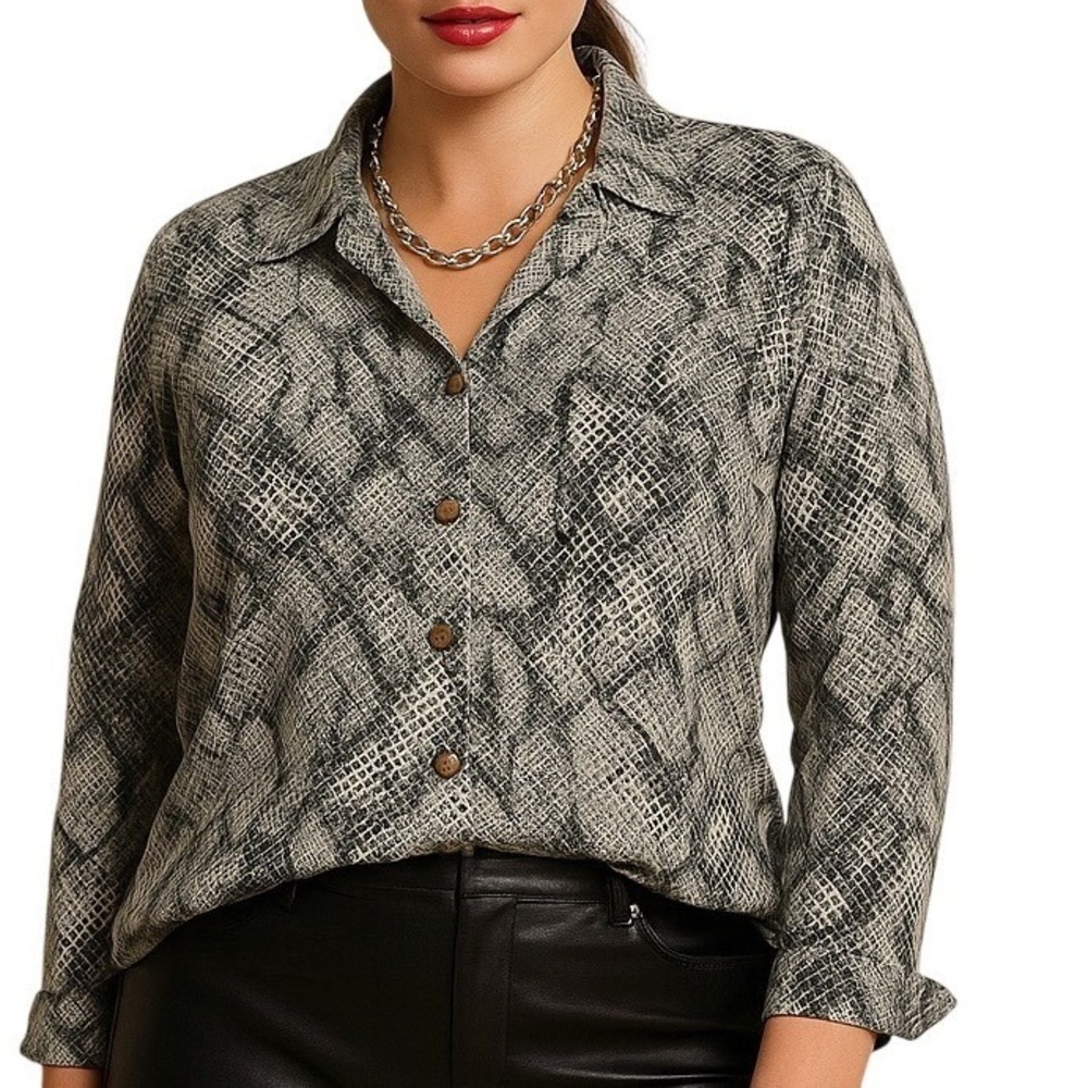 Emanuel Ungaro Snakeskin Printed Long Sleeve Collared Button-Up Blouse Size 8P
